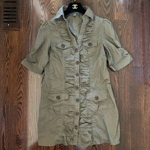 Poetry Clothing Womens Shirt Dress Sz S Army Green Shirred Bodice Ruched Buttons